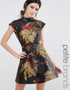 Chi Chi London Petite High Neck Mini Prom Dress With Floral Jacquard -