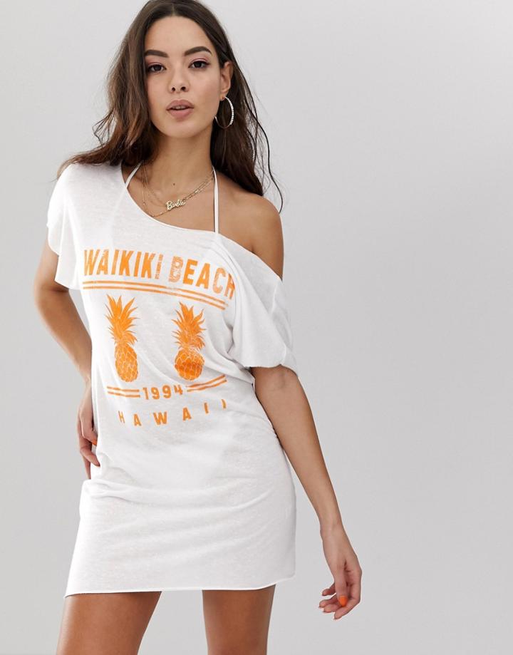 Asos Design Waikiki Beach Off Shoulder Jersey Beach Tee Cover Up-white