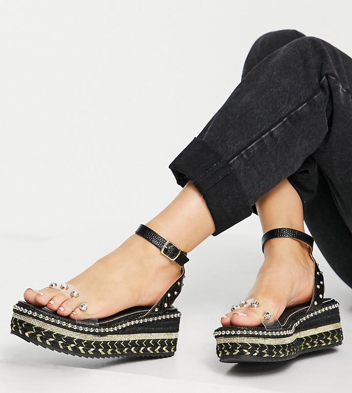 River Island Wide Fit Embellished Flatform Espadrille Sandals In Black