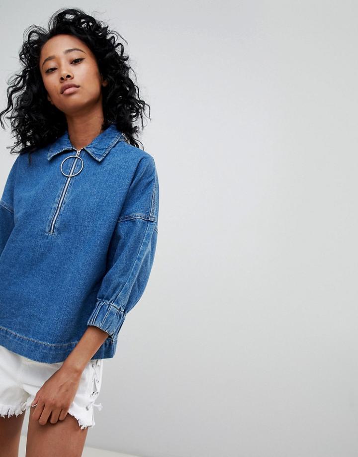 Noisy May Bell Denim Shirt With Circle Zip Puller - Blue