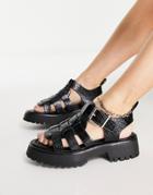 Asos Design Funfair Chunky Fisherman Flat Sandals In Black Croc