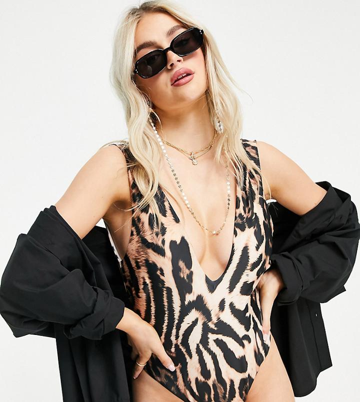 Asos Design Petite Deep Plunge Swimsuit In Marked Animal Print-multi