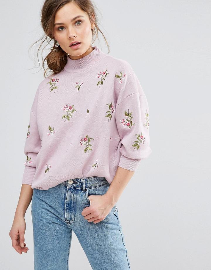 New Look Embroidered Sweater - Pink