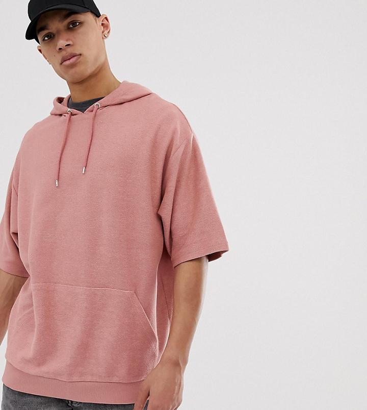 Asos Design Tall Short Sleeve Oversized Hoodie In Reverse Loopback In Pink - Pink