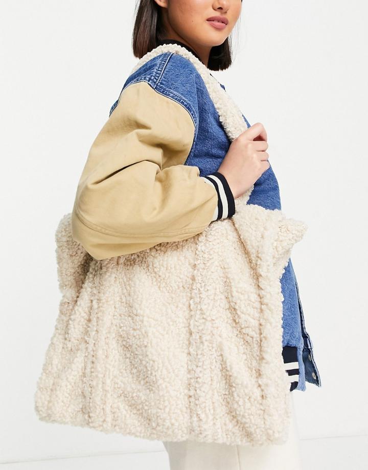 Stradivarius Shearling Tote Bag In Beige-neutral