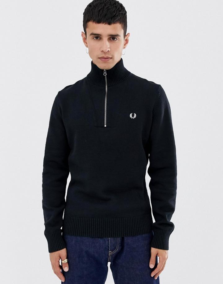 Fred Perry Back Logo Ribbed Half Zip Knitted Sweater In Black - Black