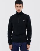 Fred Perry Back Logo Ribbed Half Zip Knitted Sweater In Black - Black
