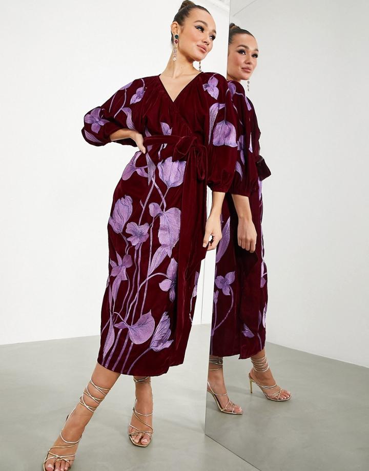 Asos Edition Midi Wrap Dress In Velvet With Floral Embroidery In Oxblood-red