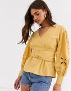 Asos Design Long Sleeve Top With Cut Out Sleeve Detail And Belt-yellow