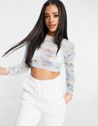 Asos Design Mesh Crop Top In Renaissance Print-blue