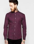 Asos Skinny Oxford Shirt In Burgundy With Grandad Collar And Long Sleeves - Burgundy