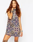 Milk It Vintage High Neck Dress In All Over Paisley Print - Blue