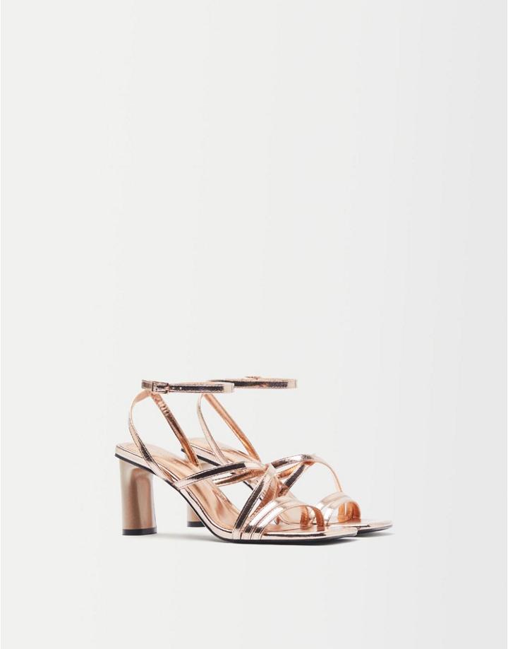 Bershka Multi Strap Mid Heel Sandals In Gold