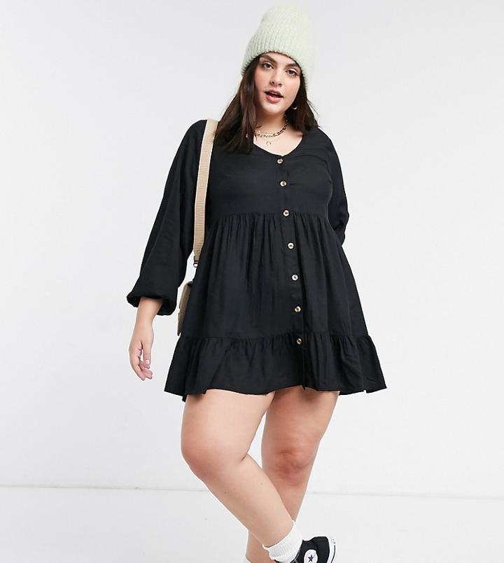 Yours Button Front Tiered Smock Dress In Black