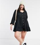 Yours Button Front Tiered Smock Dress In Black