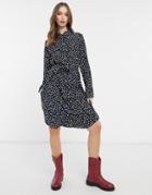 Brave Soul Tie Waist Midi Shirt Dress In Black With Heart Print