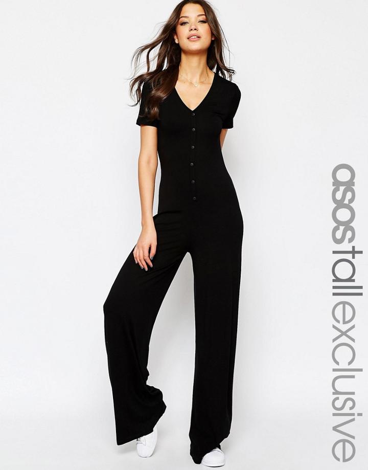 Asos Tall Button Detail Wide Leg Jumpsuit - Black