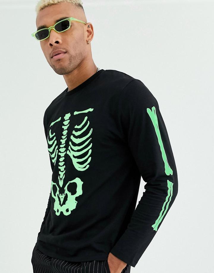 Asos Design Halloween Relaxed Long Sleeve Skeleton T-shirt With Glow And The Dark Print-black