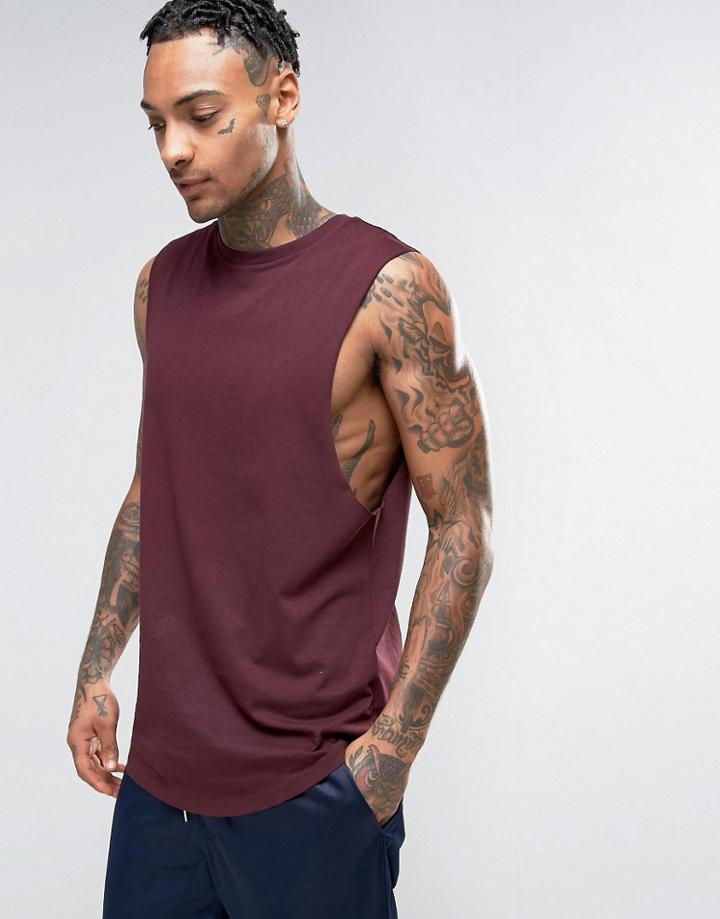 Asos Super Longline Sleeveless T-shirt With Dropped Armhole And Curved Hem In Oxblood - Red