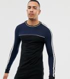 Asos Design Tall Organic Muscle Fit Longline Long Sleeve T-shirt With Contrast Yoke And Taping In Black - Black