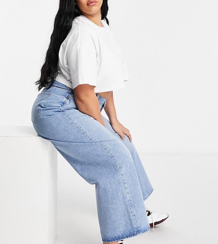 Asos Design Curve High Rise 'relaxed' Dad Jeans In Midwash-blue