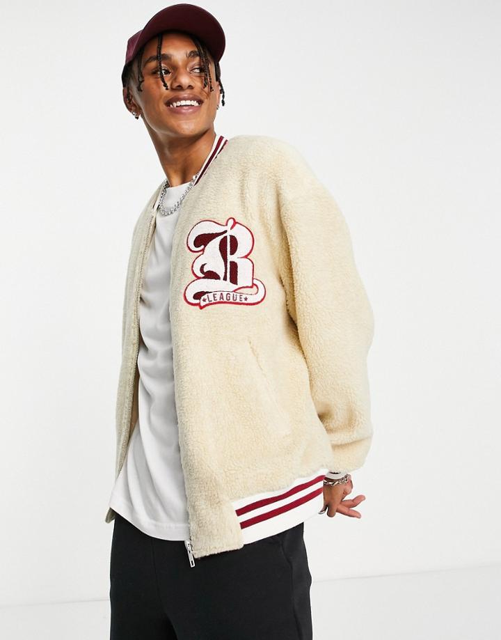 Asos Design Oversized Sherpa Varsity Bomber Jacket In Cream-neutral