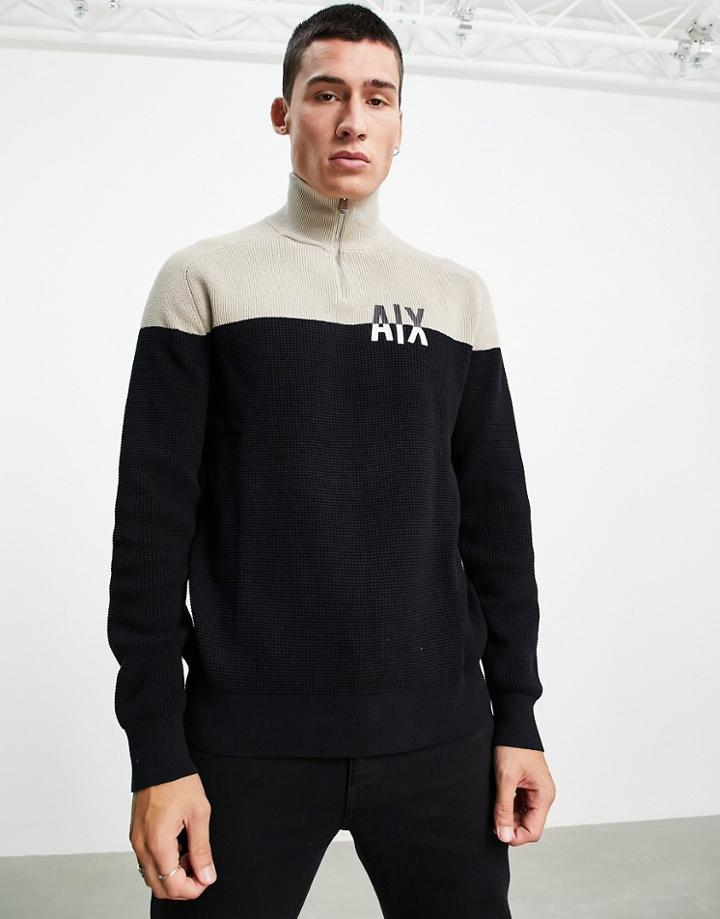 Armani Exchange Color Block 1/4 Sweater In Black/stone