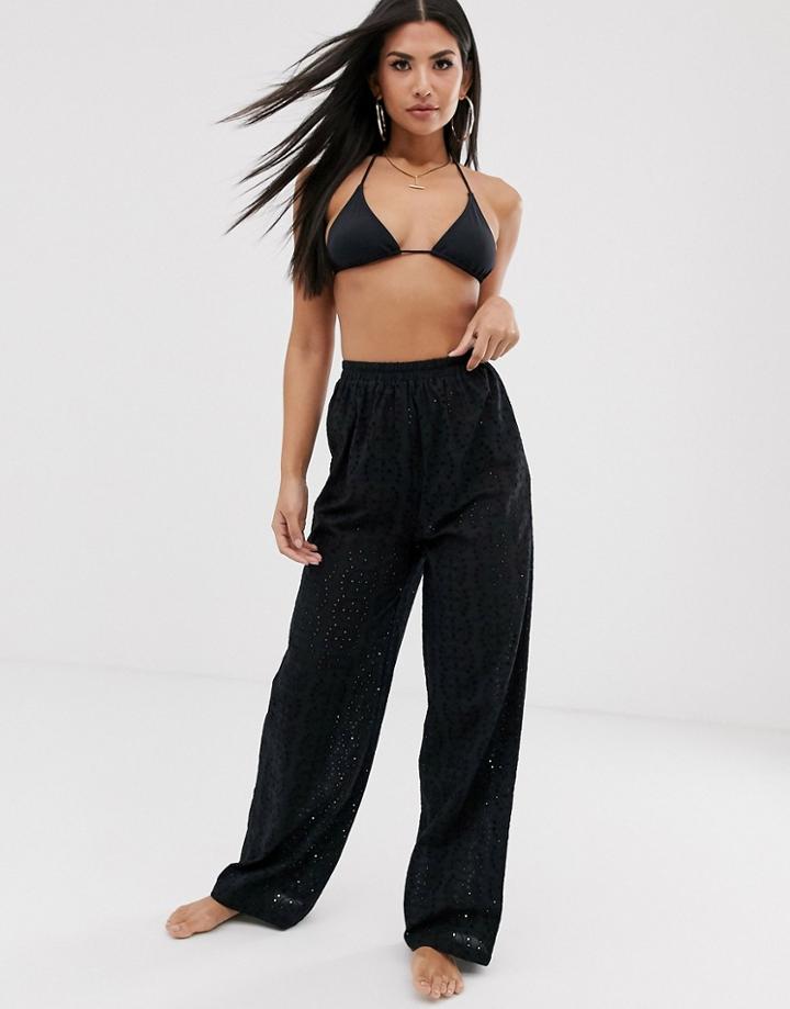 Asos Design Beach Pants In Black Broderie - Black