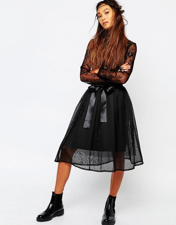 Navy London Midi Tulle Skirt With Ribbon - Black