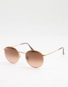 Ray-ban Round Sunglasses In Gold With Brown Lens