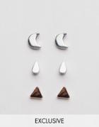 Designb Triangle & Moon Stud Earrings In 3 Pack - Multi