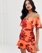 True Violet Exclusive Frill Bardot Mini Dress In Floral Print - Multi