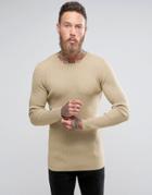 Asos Longline Muscle Fit Ribbed Sweater In Oatmeal - Beige