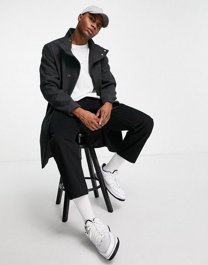 Asos Design Wool Mix Overcoat With Funnel Neck In Charcoal-grey