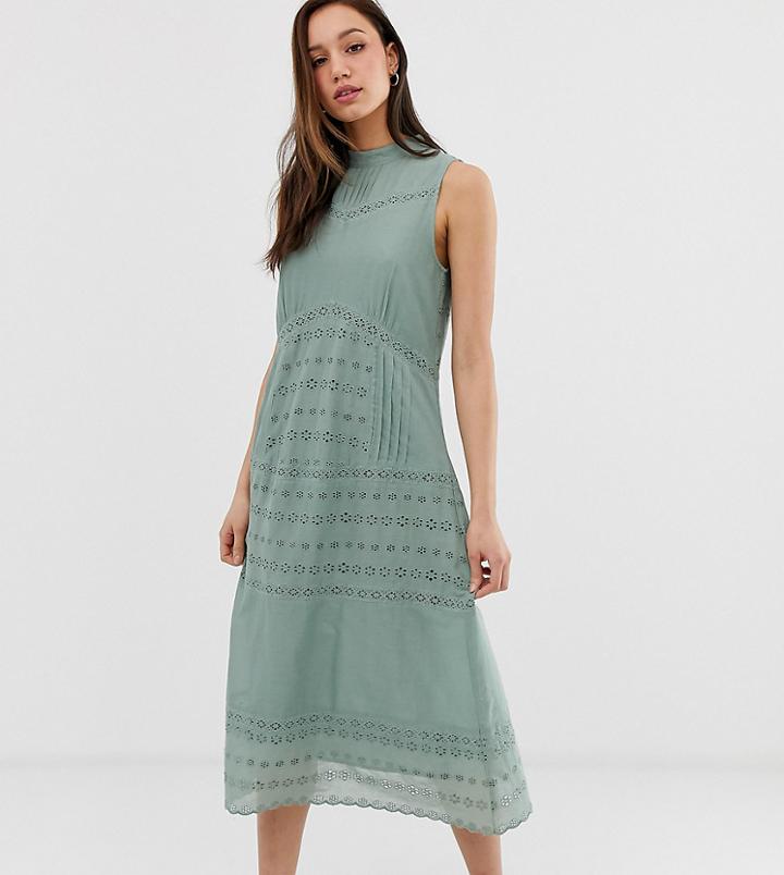 Asos Design Tall Sleeveless Victoriana Midi Dress With Lace Insert-green