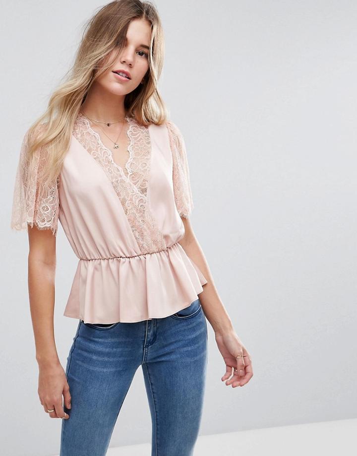 Asos Lace Trim Wrap Blouse - Pink