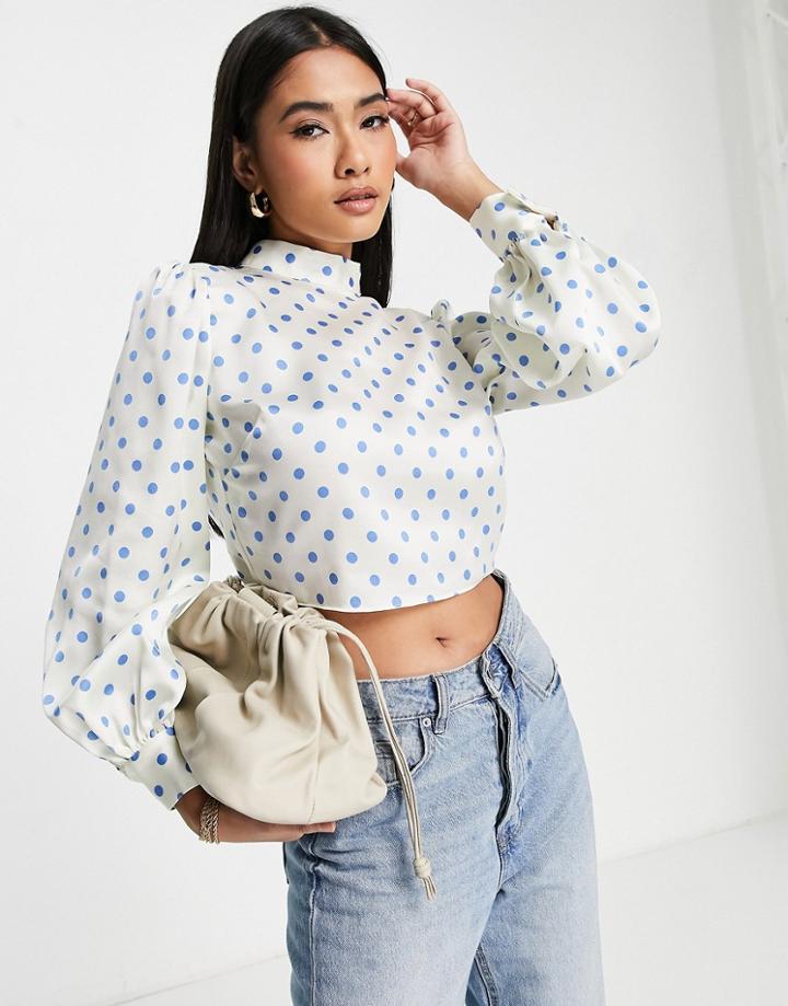 River Island Polka Dot Tie Back High Neck Blouse Is Blue