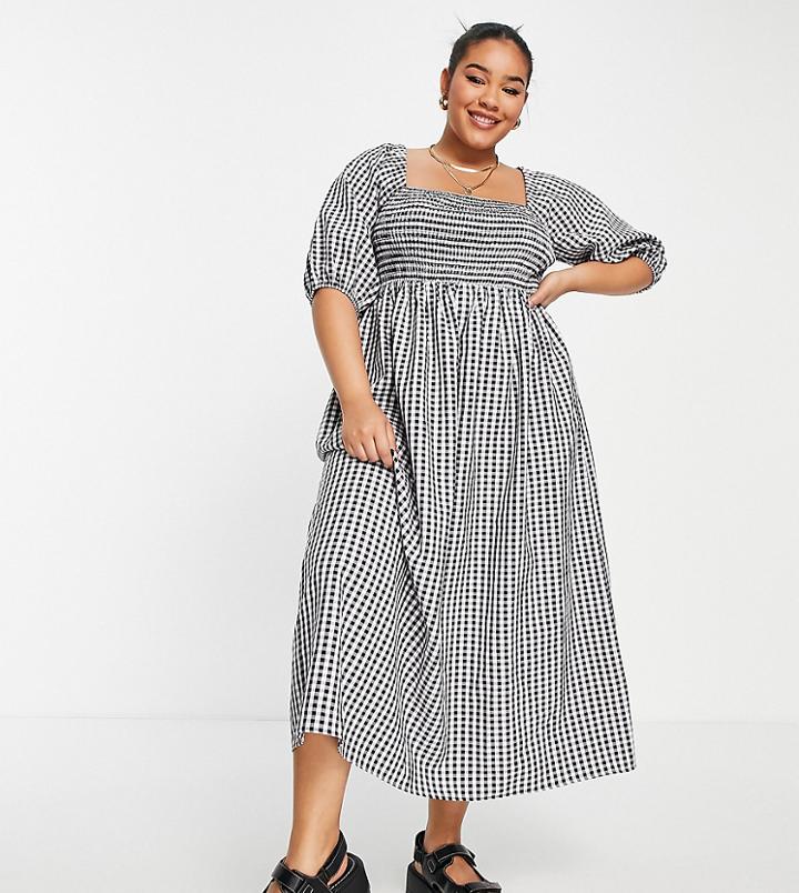 Lola May Plus Shirred Smock Maxi Dress With Tie Back In Black Gingham