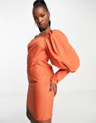Trendyol Structured Mini Dress With Puff Sleeves In Orange