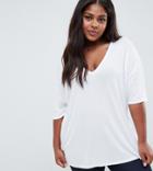 Asos Design Curve Oversized V-neck T-shirt In Lightweight Rib In White - White