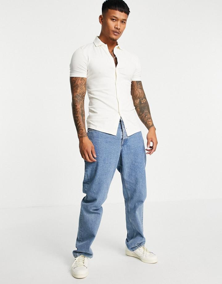Asos Design Organic Muscle Fit Button Through Jersey Shirt In Cream-neutral