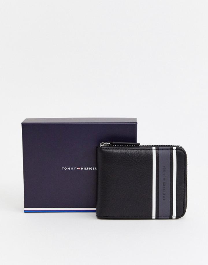 Tommy Hilfiger Zip Around Wallet With Gray Stripe Detail In Black - Black