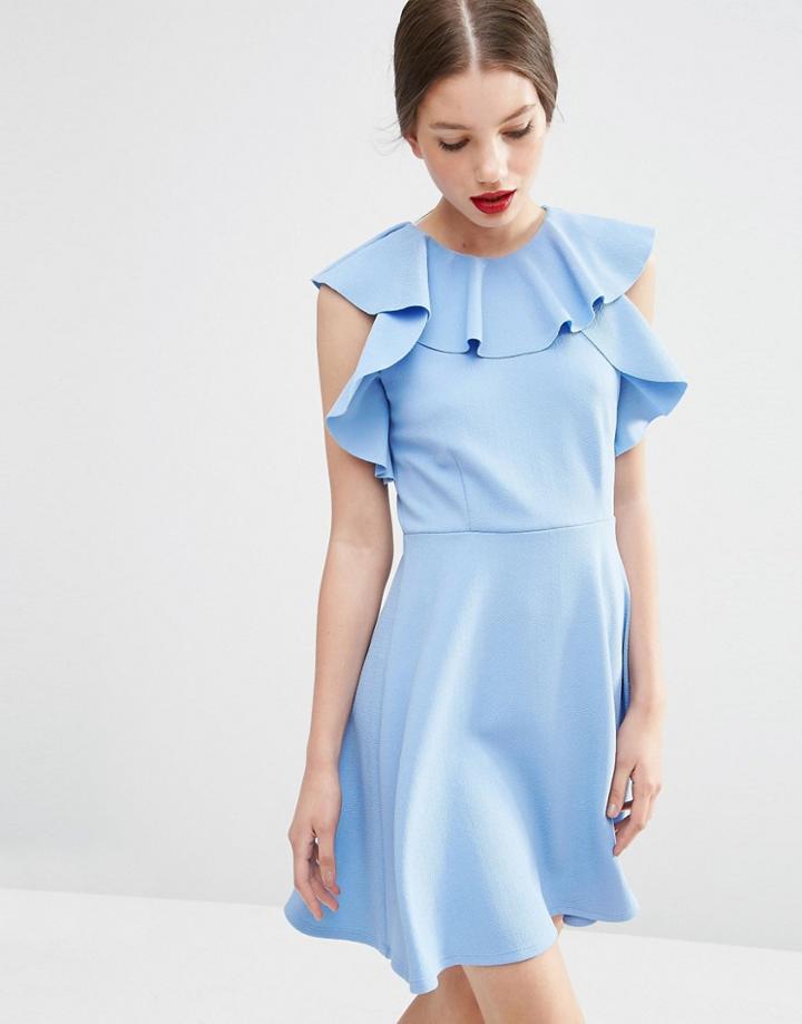 Asos Skater Dress With Ruffle Neck - Blue