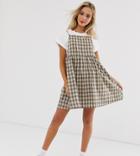 Daisy Street Mini Pinafore Swing Dress With Pleated Skirt In Check-brown