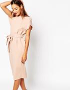 Asos Belted Dress With Split Cap Sleeve And Pencil Skirt - Gray