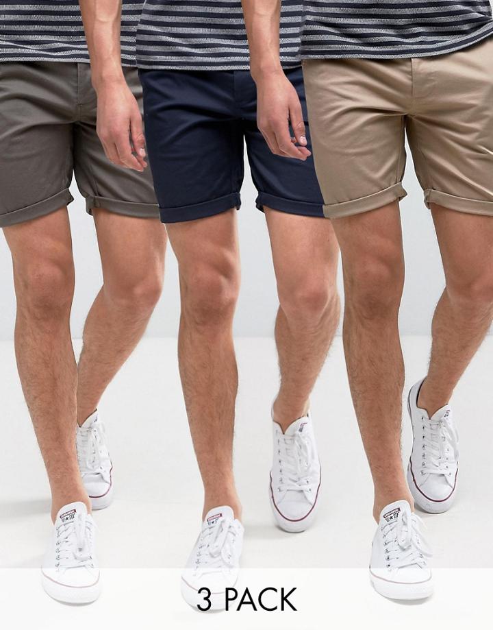 Asos 3 Pack Slim Chino Shorts In Stone Navy & Dark Khaki Save - Multi