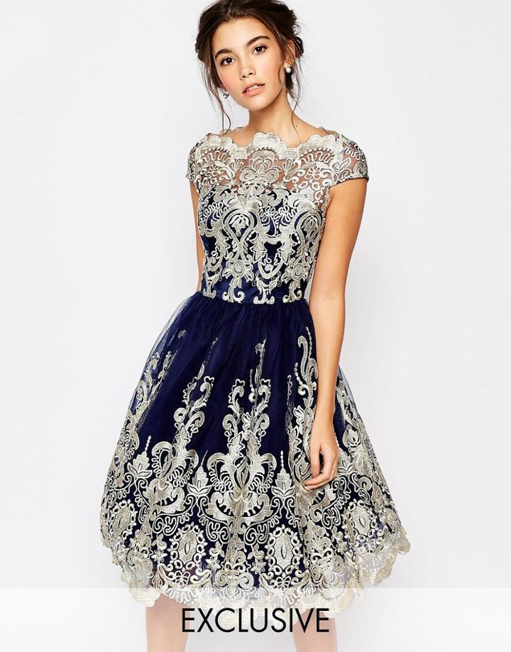 Chi Chi London Premium Metallic Lace Midi Prom Dress With Bardot Neck - Navy