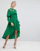 Pearl Lace Panel Ruffle Hi Low Midi Dress - Green