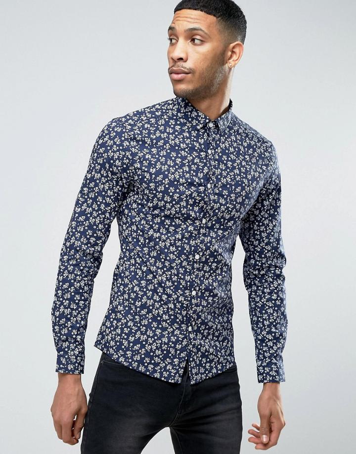 Asos Stretch Super Skinny Shirt In Floral Print - Navy