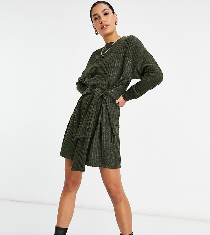 Asos Design Tall Tie Waist Brushed Ribbed Mini Dress In Dark Khaki-green